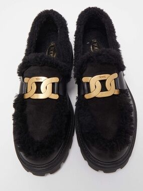TOD’S Rare Exquisite Tod's Black Leather,Shearling Fur Kate PlatformLoafers 37